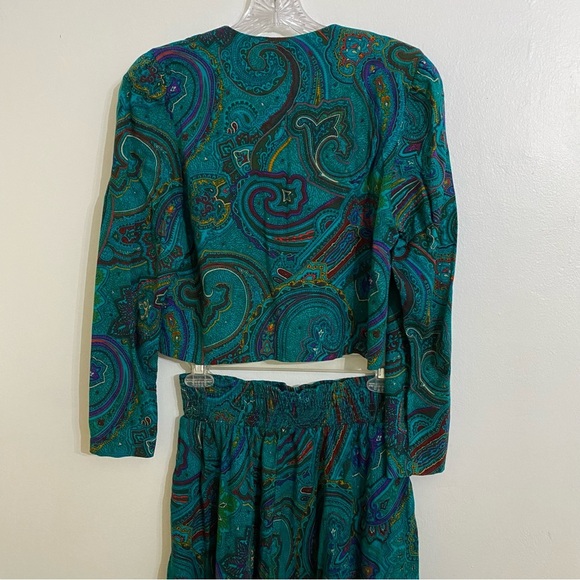 Vintage 80’s MODA INT’L Turquoise Paisley Skirt & Blouse Set, Size Woman’s 8 - Picture 3 of 4